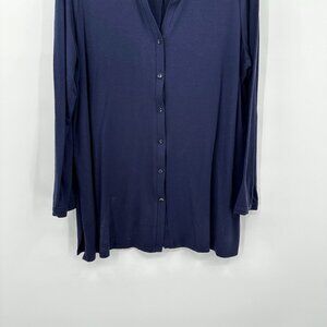 shirt top blouse tunic button down knit lightweight stretch blue L